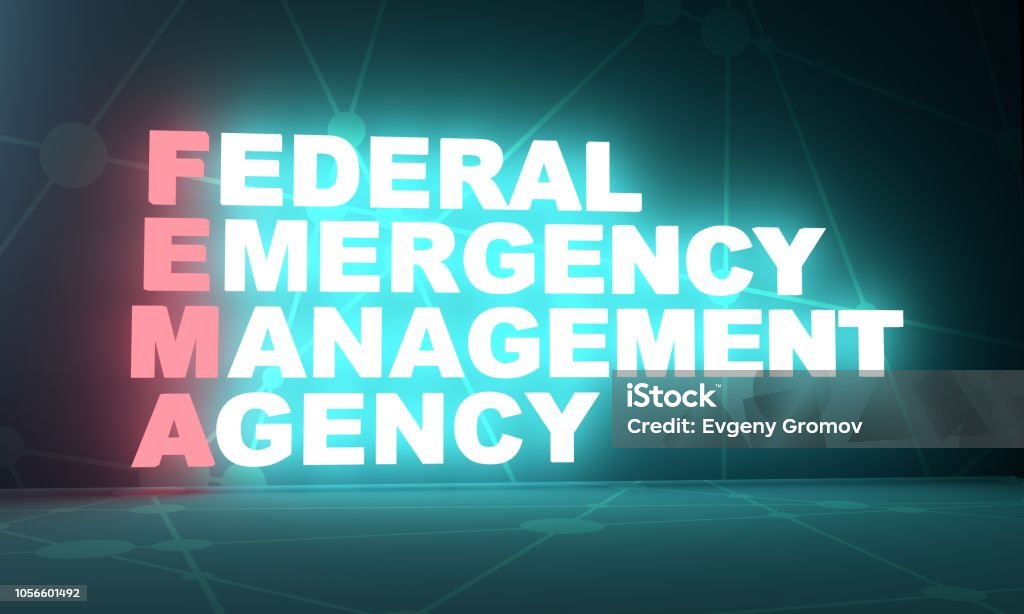 Acronym FEMA - Federal Emergency Management Agency. 3D rendering. USA administrative concept illustration